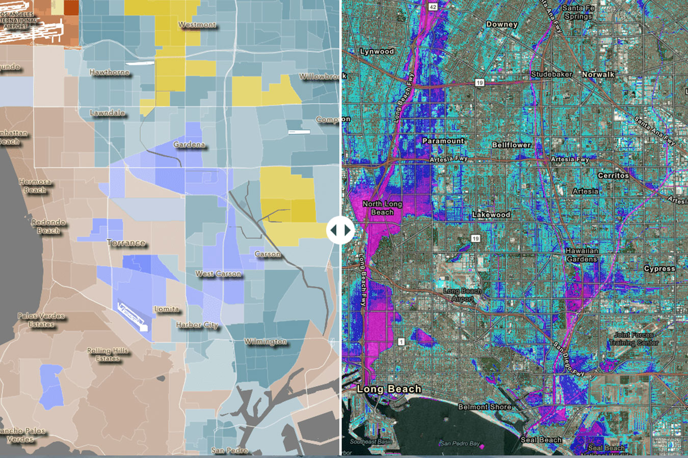Los Angeles flood risk study maps showing flood depth (right) and the distribution of residents by predominant race/ethnicity (left), October 2022. Credit: University of California, Irvine