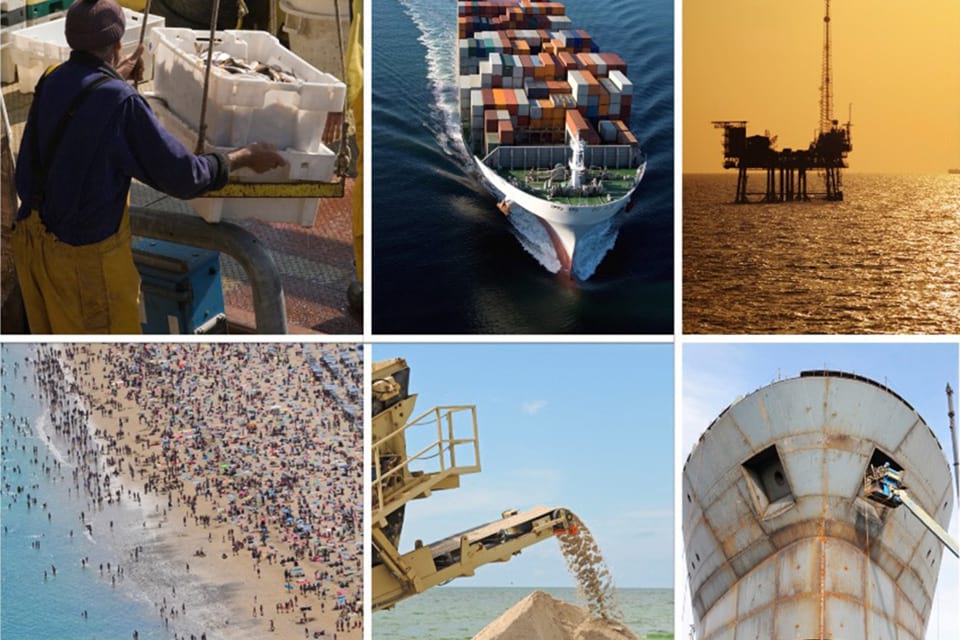 A six image collage representing the fishing, shipping, oil, tourist, and ship building industries.