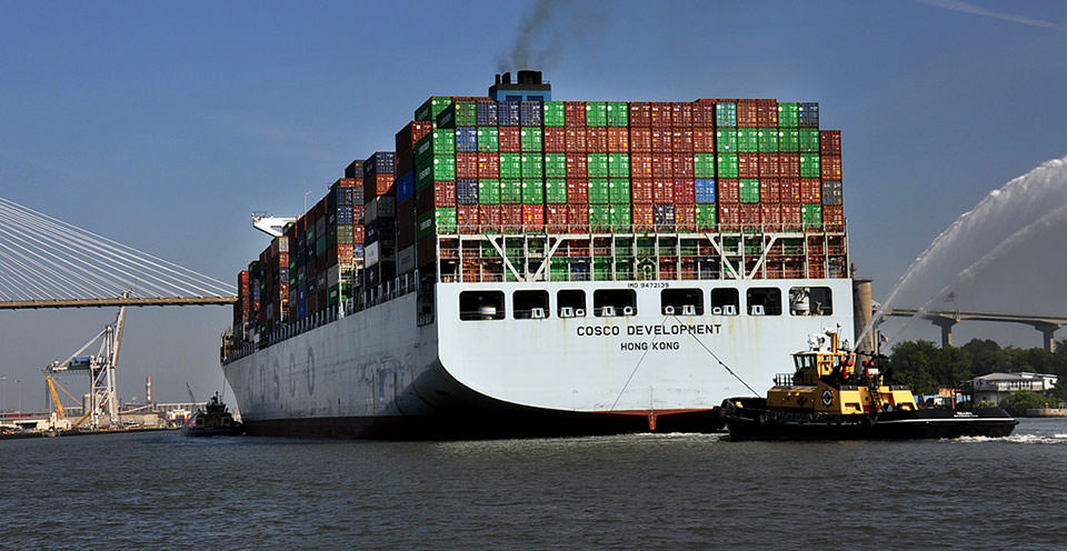 Hundreds of workers, tourists, and other well-wishers gathered along the Savannah riverfront to observe the arrival of the COSCO Development, the largest ship ever to call on Savannah, Georgia. 