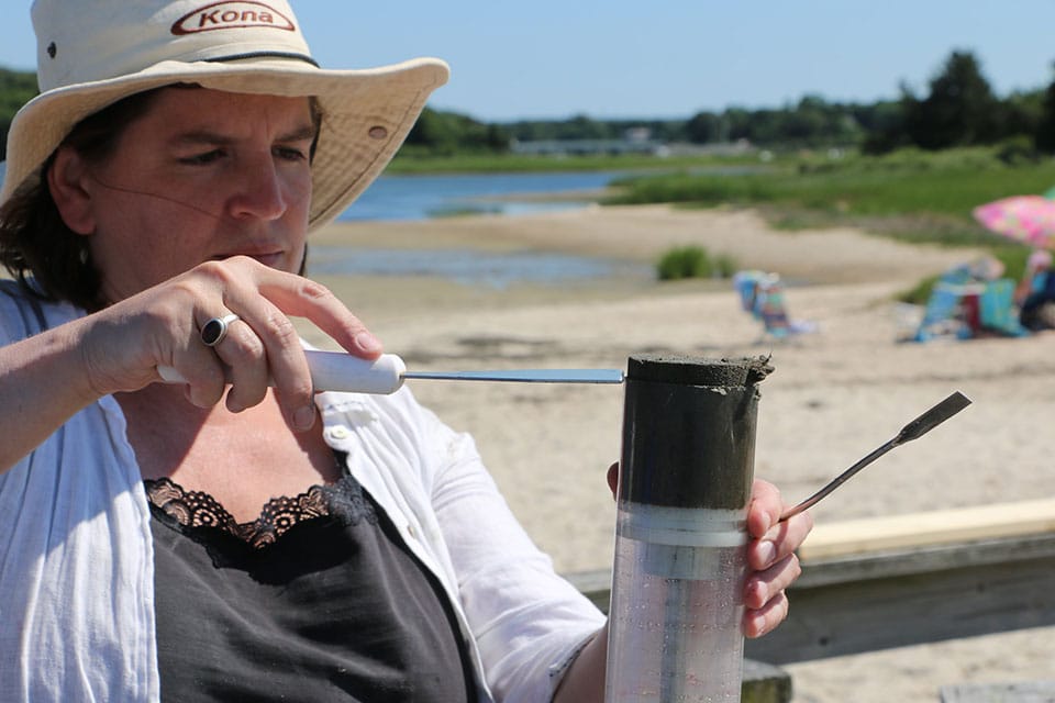 MIT Sea Grant coastal ecologist Julie Simpson takes samples from a sediment core taken inside an eelgrass bed