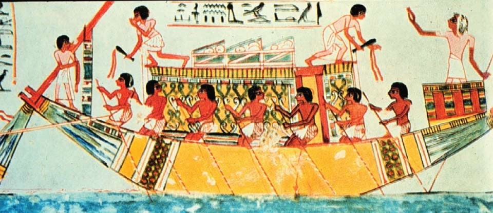 Egyptian tomb painting from 1450 B.C. showing officer with sounding pole. Officer is telling crew to come ahead slow. Engineers with cat-o’-nine-tails assure proper response from the engines.