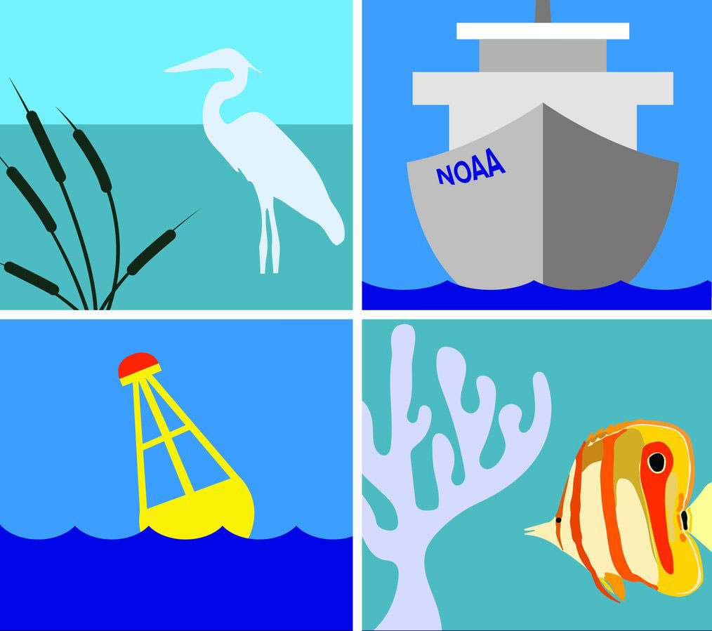 square icon with four panels: egret in estuary, ship, buoy, and coral with fish