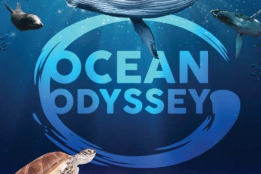 ocean odyssesy text with marine life in background