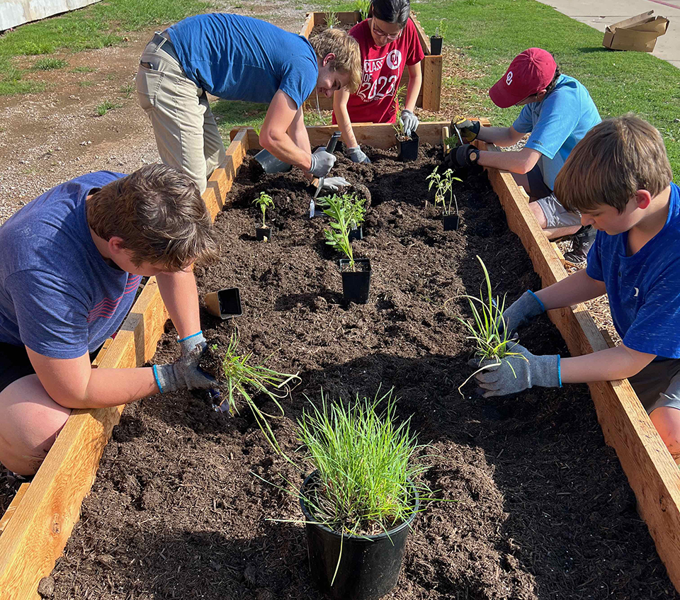 Students planting native plants. 