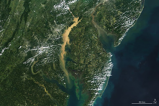 The Chesapeake Bay (center) and Delaware Bay (upper right) are both examples of drowned river valley estuaries.
