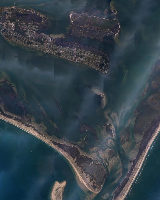 The coast of North Carolina consists of a series of bar-built estuaries. The image above is of Back Sound, the estuary separating Cape Lookout, at the southern portion of the Outer Banks from the mainland of North Carolina.