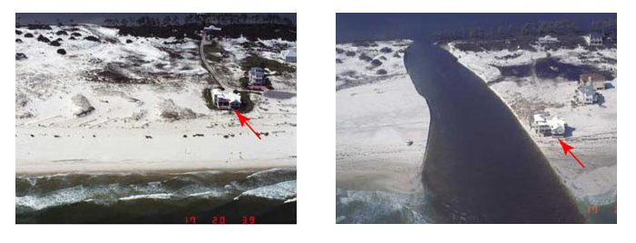 The image on the left was taken on July 17, 2001. The image on the right was taken on September 17, 2004, soon after Hurricane Ivan reached the Alabama mainland.