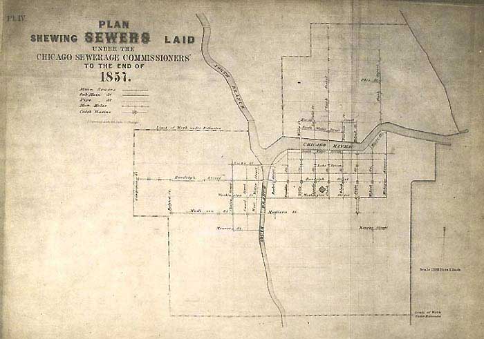 map of the layout of sewers in Chicago at the end of 1857