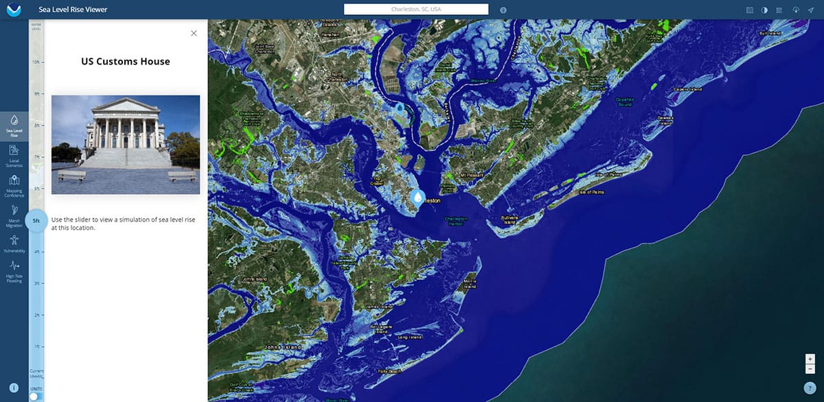 sea level rise viewer from NOAA Digital Coast showing Charleston, SC