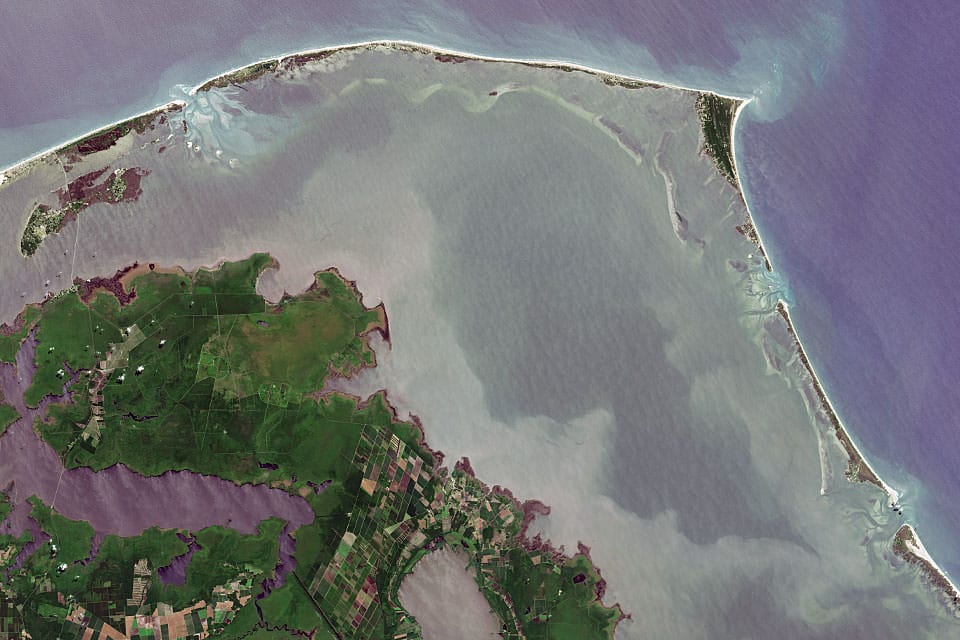 Satellite image of Cape Hatteras National Seashore on the Outer Banks of North Carolina. Credit: NASA’s Earth Observatory.
