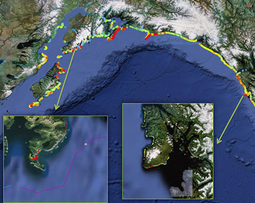This map shows debris concentrations from an aerial survey done in Alaska in 2012. The map points to two known catcher areas, along Kruzof Island and Gore Point.