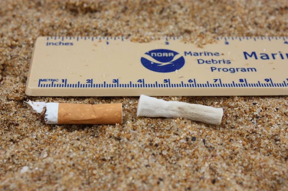 Cigarette and cigarette filter found on the beach at Sandy Point State Park, MD. (Photo Credit: NOAA)