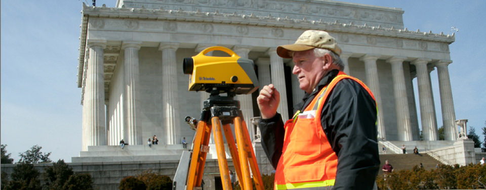 NGS surveyor measures the difference in elevation between two points in front of the Lincoln Memorial in Washington, D.C.