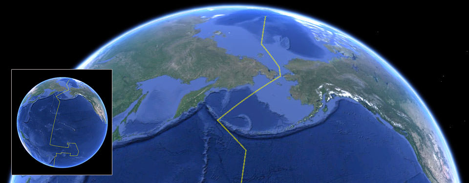 Google Earth view of globe showing international date line