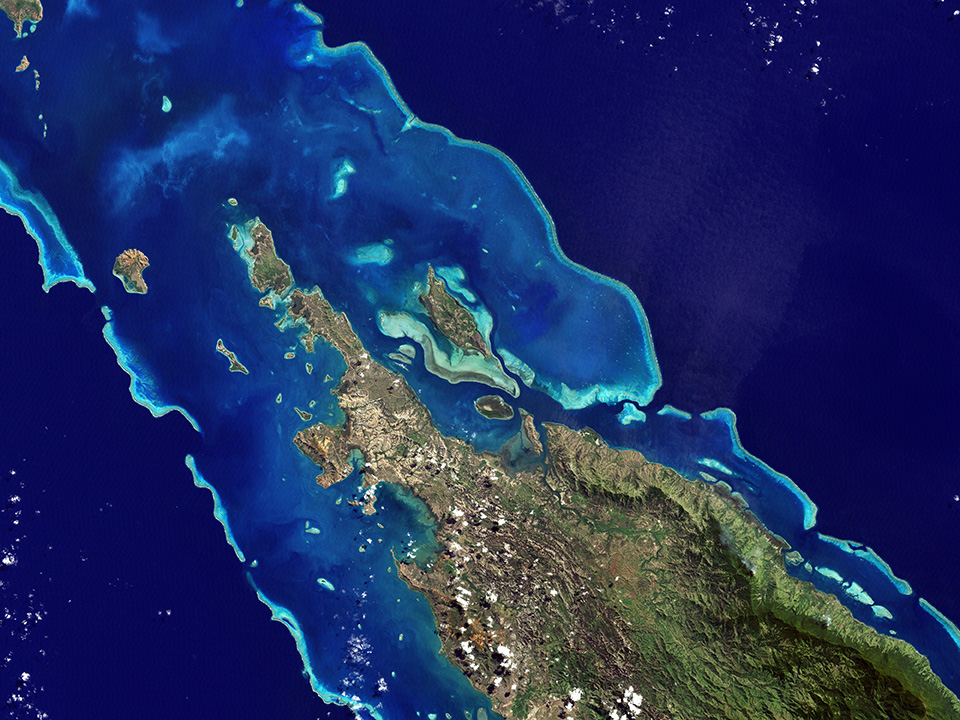NASA satellite image shows the lagoons and reefs of New Caledonia. This French-governed archipelago contains the world’s third-largest coral reef structure.