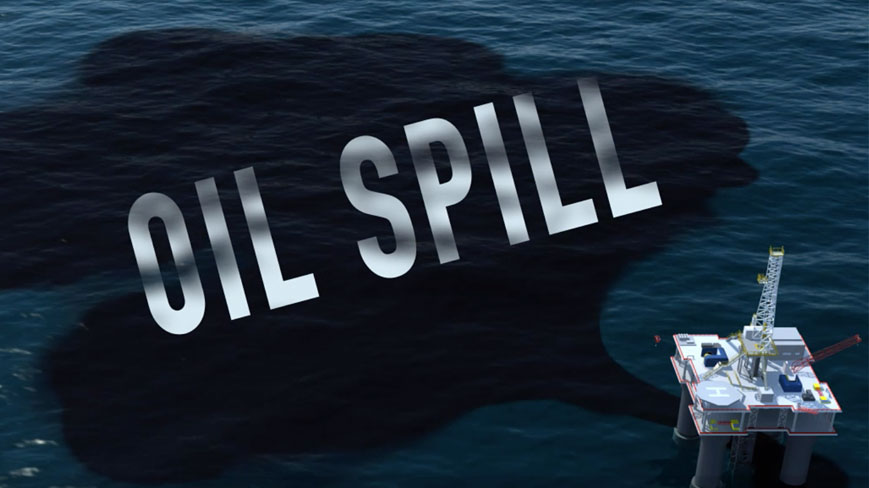graphic of oil platform with spill; text says 'oil spill'