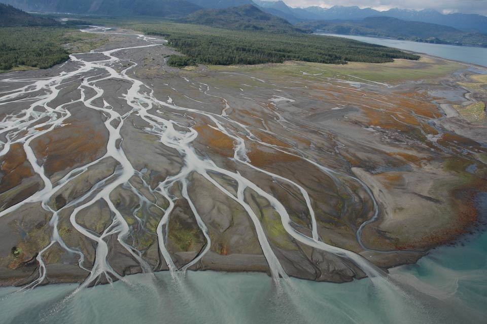 Braided river delta at low tide Lower Cook Inlet Kachemak Bay Alaska. Credit: Alaska Shorezone.