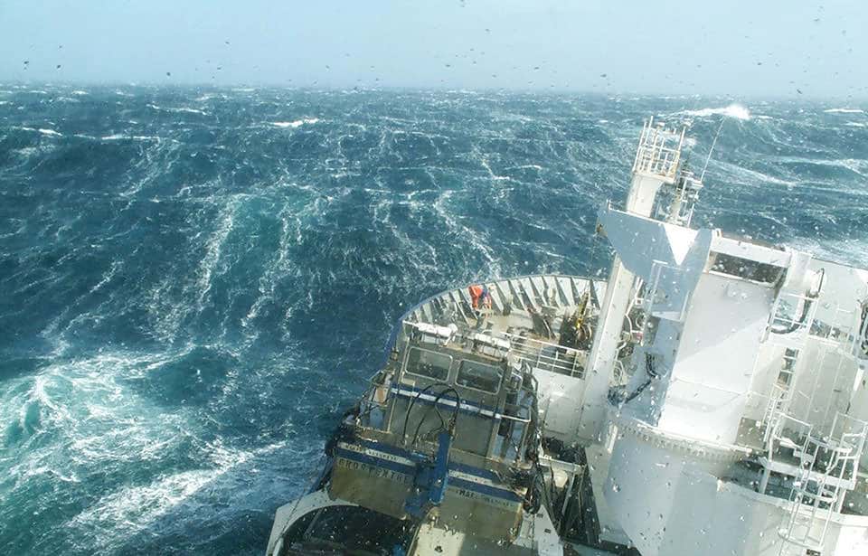 A research vessel ploughs through the waves, braving the strong westerly winds of the Roaring Forties in the Southern Ocean.  Credit: Nicolas Metzl, LOCEAN/IPSL Laboratory