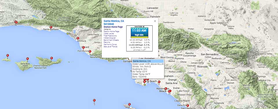 Tide predictions for Santa Monica, CA, as generated through the NOAA CO-OPS Tides and Currents website.