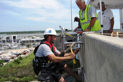 Staff from the Center for Operational Oceanographic Products and Services install a microwave radar water level sensor on the Dog River Bridge in Mobile County, Ala. 