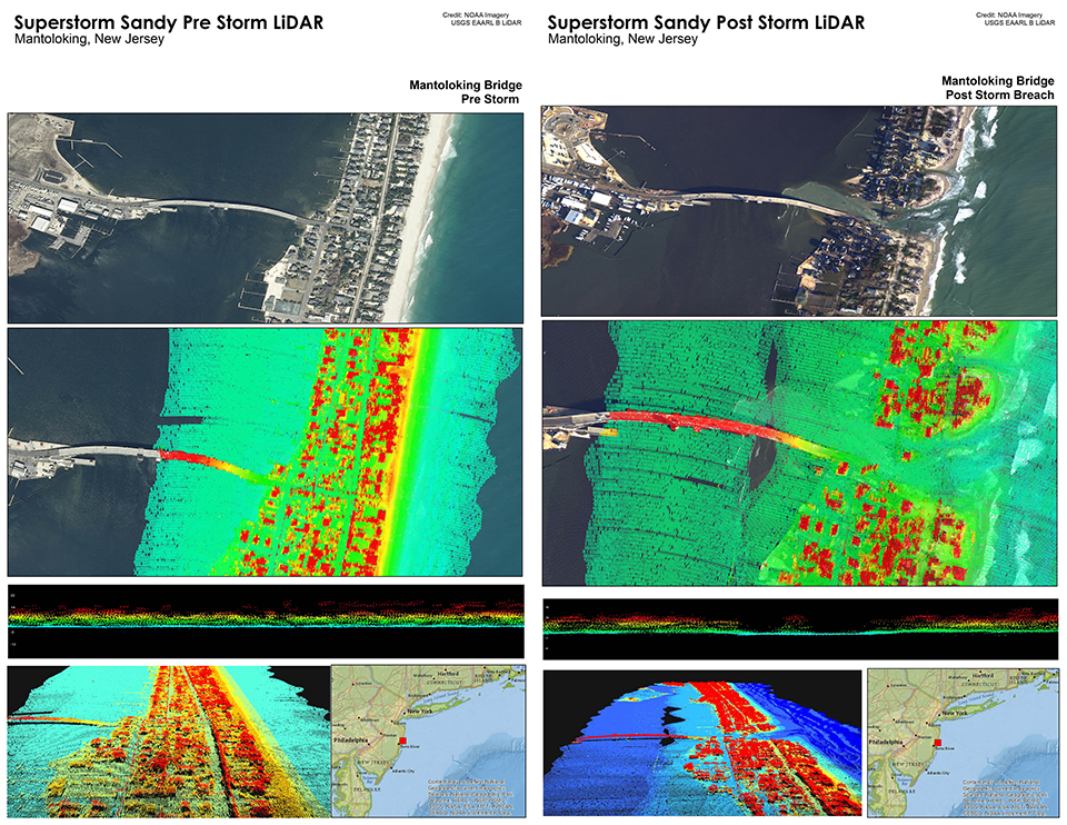 This visualization was designed by the UNH/Marine Program to illustrate the use of lidar data in a storm response scenario. Using a combination of NOAA photogrammetry data and US Geological Survey EAARL-B lidar data, the before and after displays illustrate the damage caused to the Mantoloking Bridge (Mantoloking, NJ) due to a barrier island breach caused by Super storm Sandy.