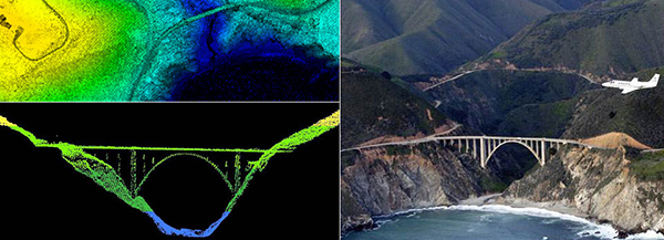 LIDAR data is often collected by air, such as with this NOAA survey aircraft (top) over Bixby Bridge in Big Sur, Calif. Here, LIDAR data reveals a top-down (bottom left) and profile view of Bixby Bridge.