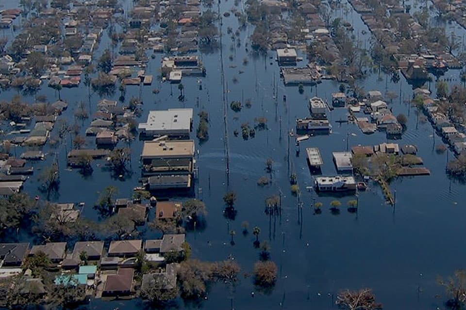 aerial view of flooded New Orleans after Hurricane Katrina