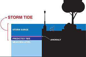 This example illustrates water level differences for storm surge, storm tide, and a normal (predicted) high tide as compared to sea level