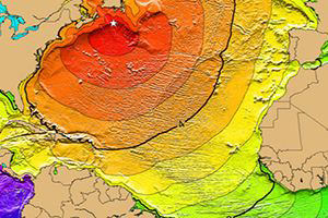 On Nov. 18, 1929, a magnitude 7.4 Mw earthquake occurred 155 miles south of Newfoundland along the southern edge of the Grand Banks, Canada. This illustration, called a Tsunami Time Travel Map, shows the arrival times of tsunami waves. Red: 1-4 hour arrival times; Yellow: 5-6 hour arrival times; Green: 7-14 hour arrival times. The map was produced by NOAA and the International Tsunami Information Center.