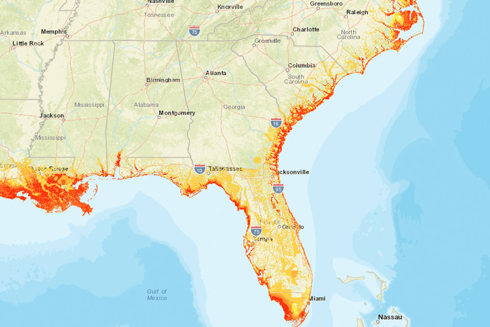 coastal flooding mapper screenshot showing East Coast and part of Gulf of Mexico coastline