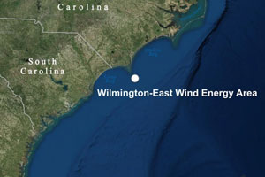 The Wilmington-East Wind Energy Area (WEA) encompasses approximately 160 square nautical miles (134,000 acres) of the seafloor and is located 20 miles offshore Cape Fear, NC