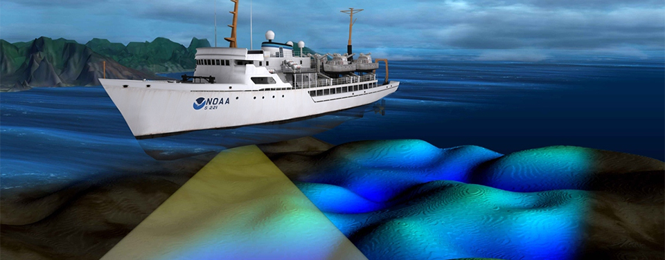 A NOAA survey ship uses its multibeam echo sounder to conduct hydrographic surveys. Multibeam sonar measures the depth of the sea floor by analyzing the time it takes for sound waves to travel from a boat to the sea floor and back.