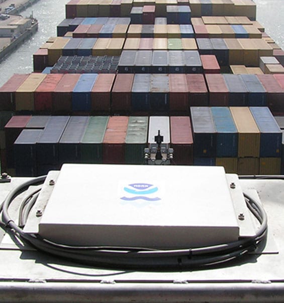 view from a bridge of air gap sensor with large container ship below. NOAA