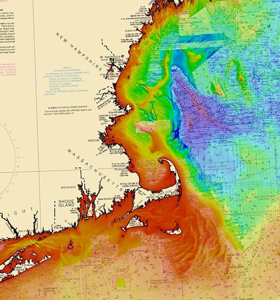 a Coast Survey chart showing bathymetry of New England ocean bottom. NOAA