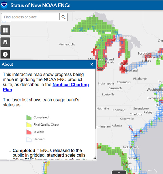 A map showing the progress of gridding the NOAA ENC product suite. NOAA