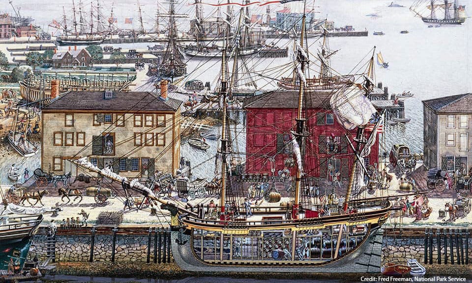 Illustration of Derby Wharf by Fred Freeman. Salem's wharves were a rich and vital scene especially when a merchant ship arrived.