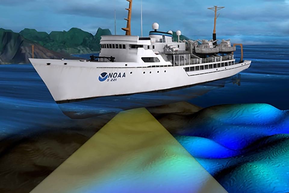 A NOAA survey ship uses its multibeam echo sounder to conduct hydrographic surveys.