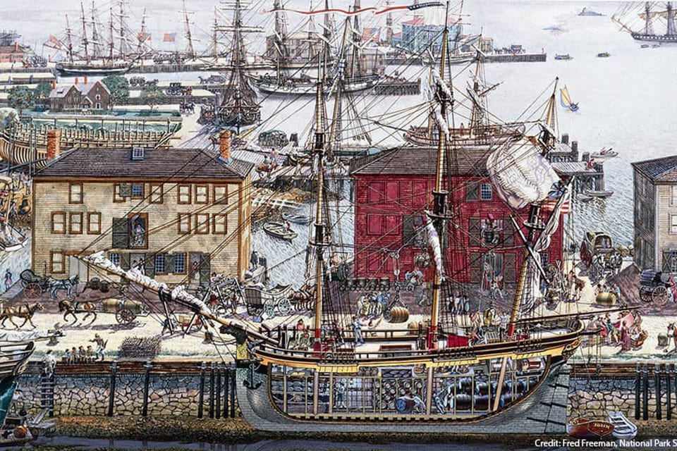 Illustration of Derby Wharf by Fred Freeman. Salem's wharves were a rich and vital scene especially when a merchant ship arrived.
