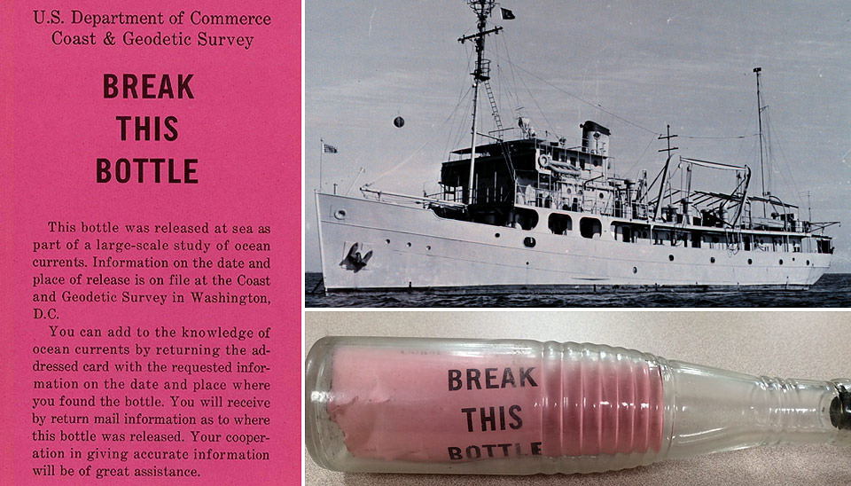 A collage of images showing a sealed bottle set adrift by the U.S. Coast & Geodetic Survey in 1949; the USCGS ship Hydrographer; and text of message found inside drift bottles that reads 'BREAK THIS BOTTLE: This bottle was released at sea as part of a large-scale study of ocean currents. Information on the date and place of release is on file at the Coast and Geodetic Survey in Washington D.C. You can add to the knowledge of ocean currents by returning the addressed card with the requested information on the date and place where you found the bottle. You will receive by return mail information as to where this bottle was released. Your cooperation in giving accurate information will be of great assistance.'