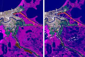 These images (left to right) show land cover conditions before Hurricane Katrina, during the two-week flooded period following the storm, and after flood levels receded (approximately six months post-storm).