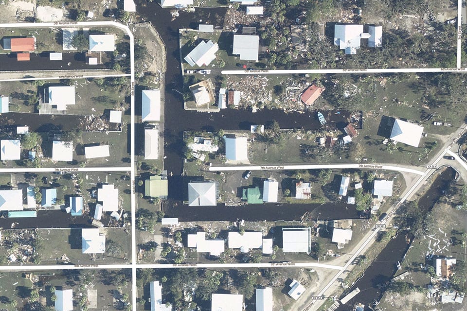 Damaged homes located in Horshoe Beach, Florida