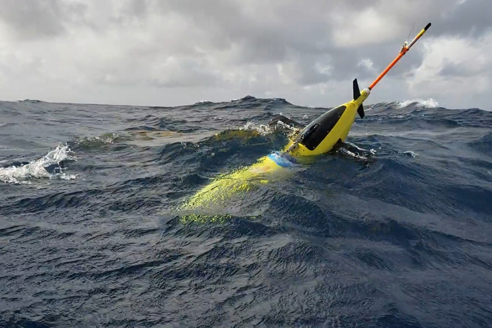 A NOAA ocean glider, seen in waters off the coast of Puerto Rico in July 2018. These robotic, unmanned gliders are equipped with sensors to measure the salt content (salinity) and temperature as they move through the ocean at different depths. The gliders, which can operate in hurricane conditions, collect data during dives down to a half mile below the sea surface, and transmit the data to satellites when they surface.