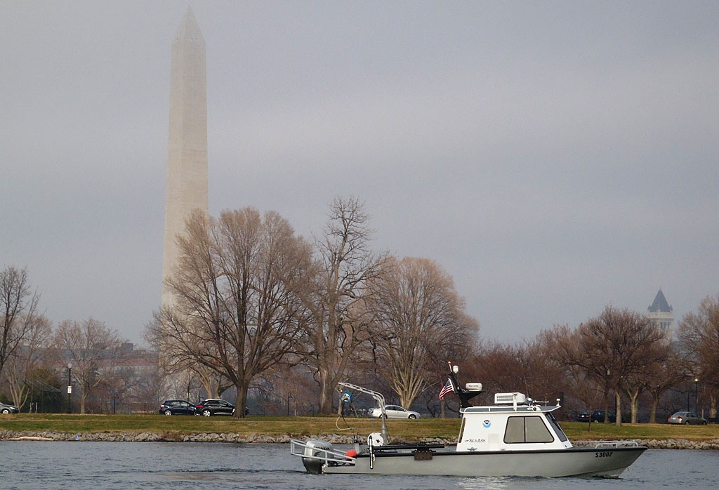 NOAA survey vessel near the Washington Monument