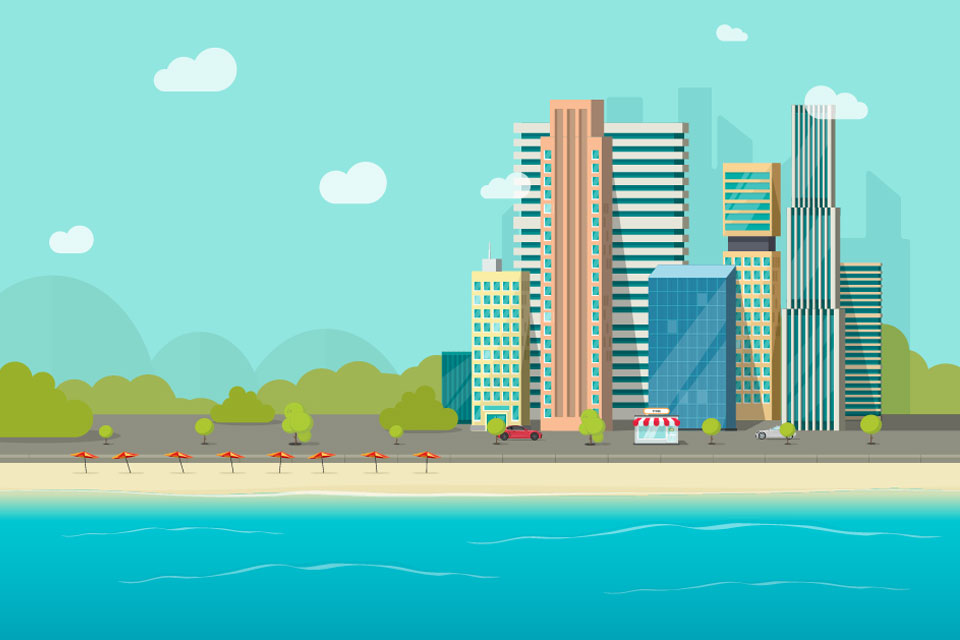 simple graphic that shows a representation of a warm-climate coastal city in the background, with the ocean and a beach in the foreground with umbrellas