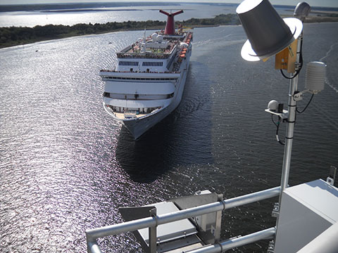 cruise ship approaching the Dames Point Bridge in Jacksonville, Florida