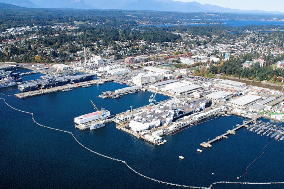 Aerial view of Naval Base Kitsap - Bremerton, Puget Sound Naval Shipyard & Intermediate Maintenance Facility. (U.S. Navy/Naval Base Kitsap)