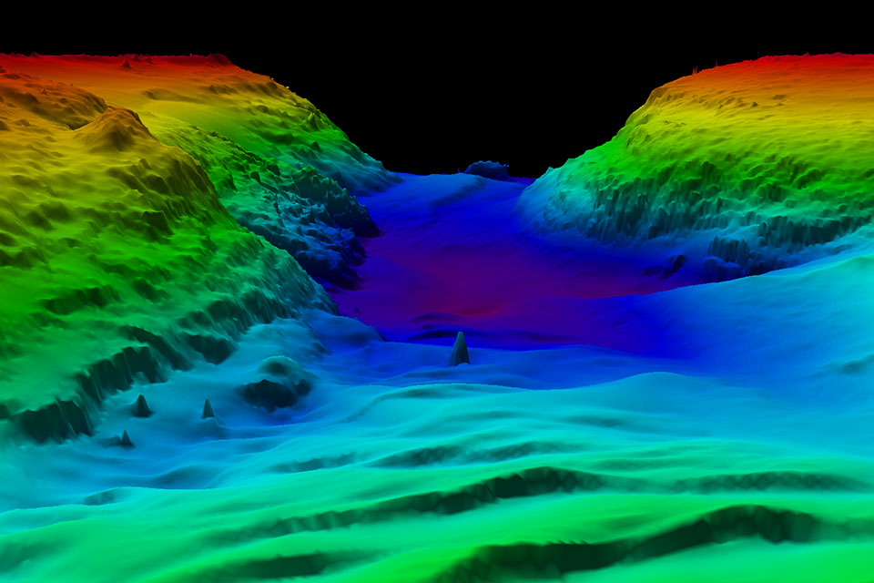 High-resolution bathymetry mapping data collected by multibeam sonar reveals complex topographic features of the seafloor in San Francisco Bay, California