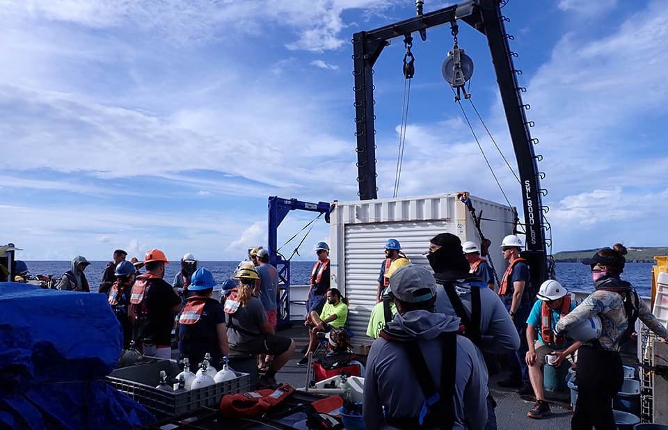 During the RICHARD missions, scientists and crew members gathered every morning on the Rainier’s fantail to discuss the day’s boating and diving operations. (Credit: NOAA Fisheries)