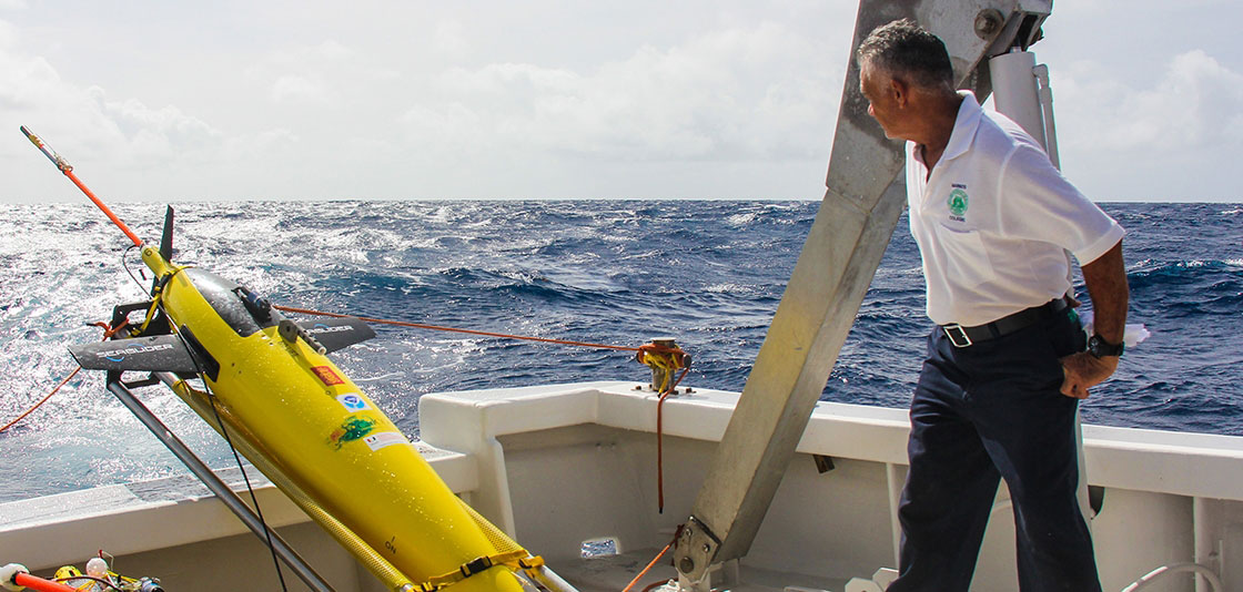 Ubaldo López of the University of Puerto Rico at Mayaguez prepares to launch NOAA ocean gliders in the summer of 2017 off Puerto Rico.
