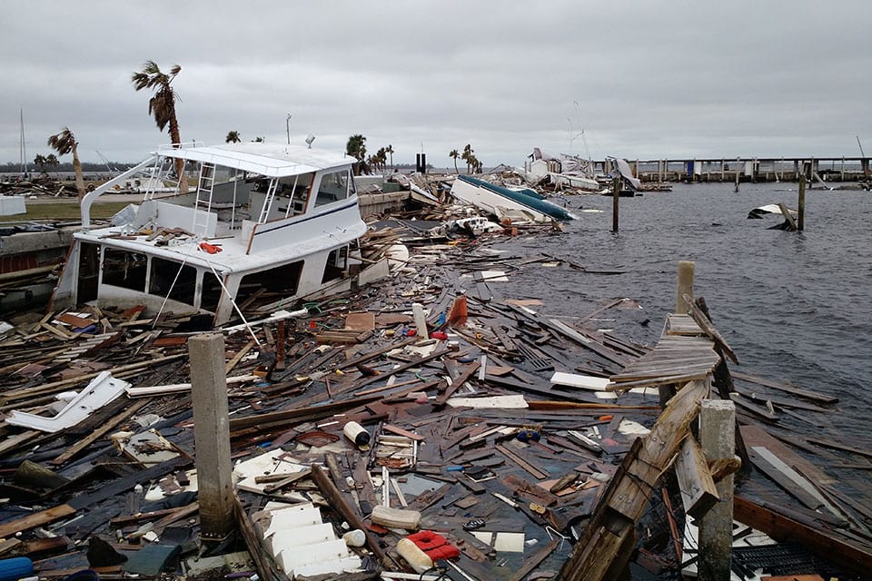 Marine debris in a Panama City marina following Hurricane Michael